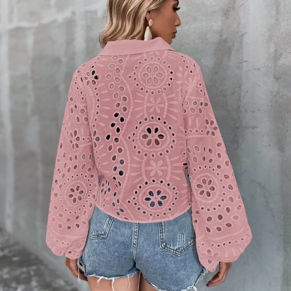 Boho White Eyelet Floral Gypsy Button up top - Picture 7 of 7